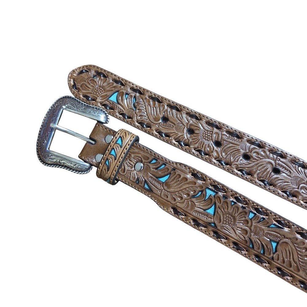 Nocona Belt Co Mens Tooled Leather Turquoise Underlay Western Belt 46 N2414608